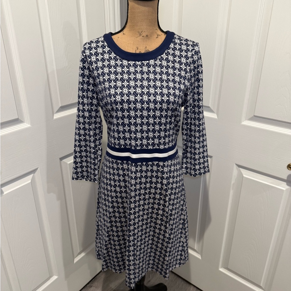 NWT Draper James Navy and White Patterned Fit-and-Flare Dress